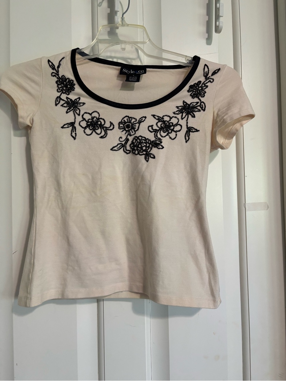 Style & Co. Cream Short Sleeve Scoop Neck Top with Black Floral Embroidery
